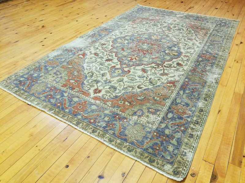 Primitive Antique Cr1900-1939's Ivory-Gold Color Wool Pile Tribal Rug 4’4”x 7’ gallery