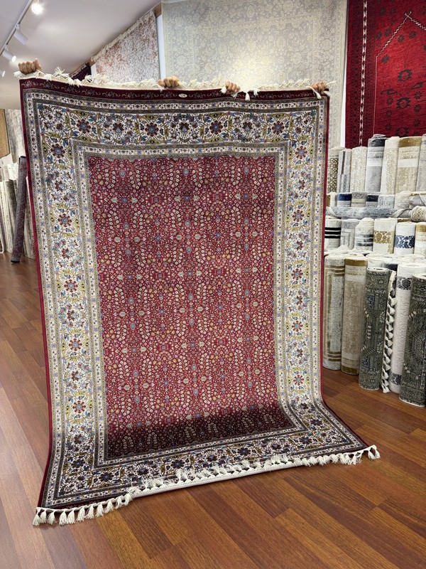 7x10 ft Turkish Pure Silk Rug Machine Made Red Oriental w/ Hand Knotted Fringe gallery