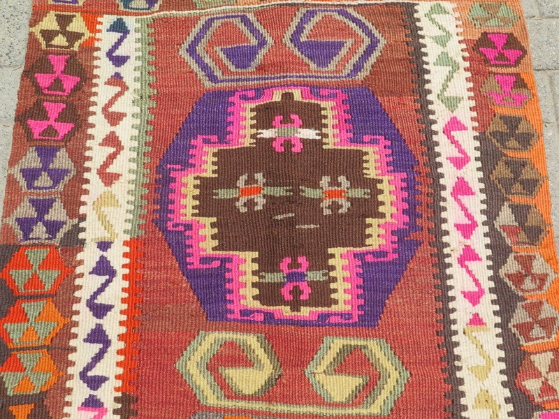 Vintage Turkish Brown Orange Geometric Accent Rug Kelim Carpet 56"X34" gallery
