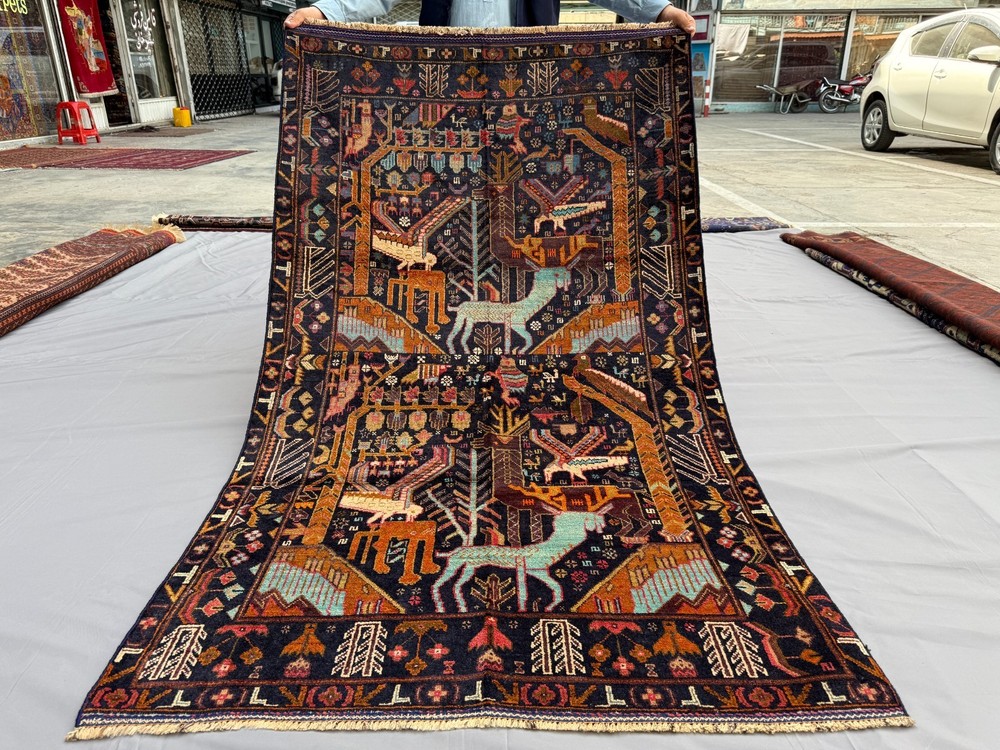 Antique Afghan Animal Pictorial Rug 4x6 Handmade Persian Style Oriental Carpet