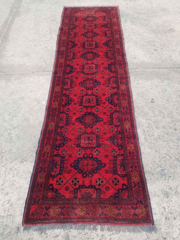 Vintage Distressed Hand Made Traditional Oriental Wool Red Rug 289x83cm gallery