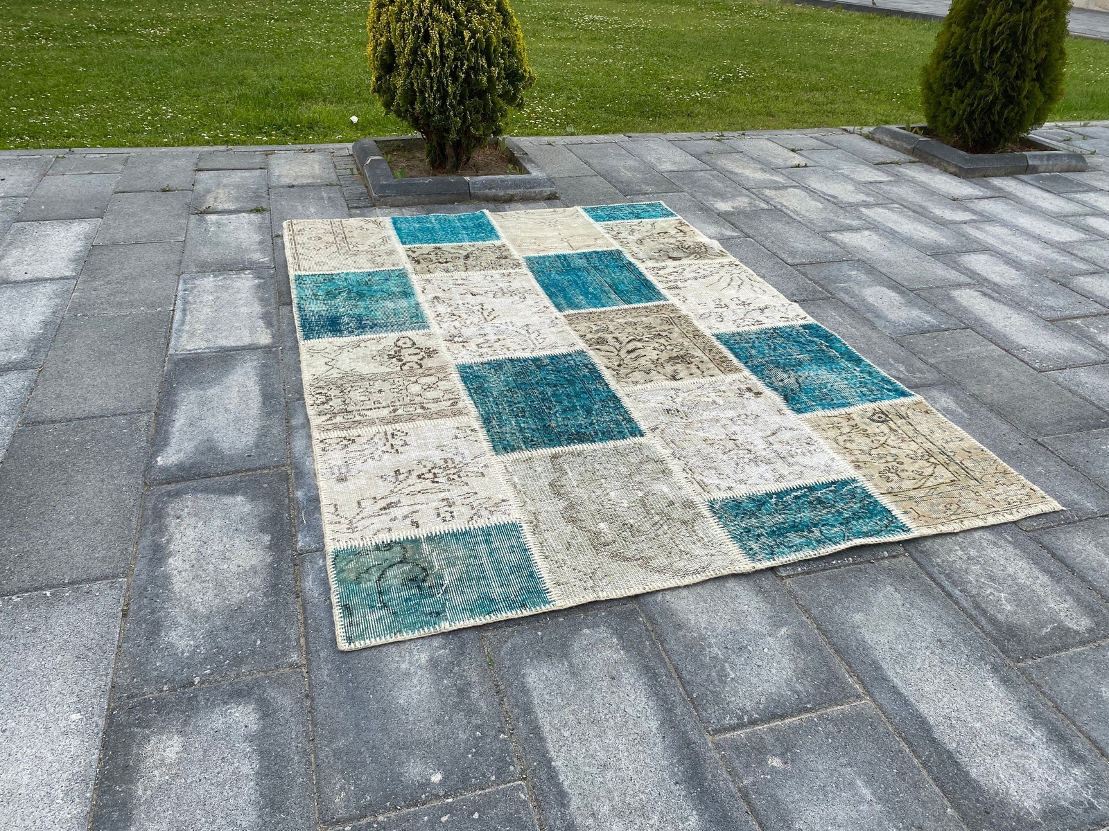 5.2x7.3 Large Vintage Blue Turkish Anatolian Patchwork Rug gallery