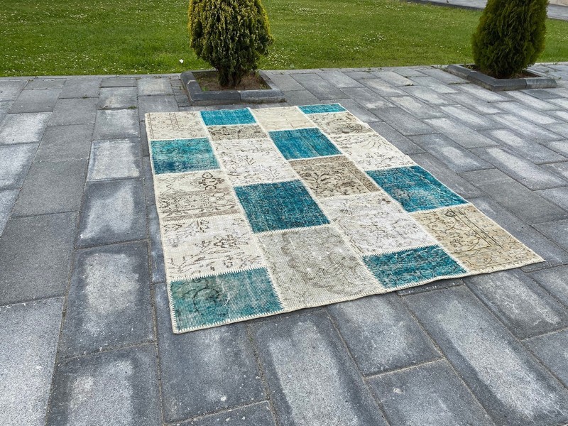 5.2x7.3 Large Vintage Blue Turkish Anatolian Patchwork Rug gallery