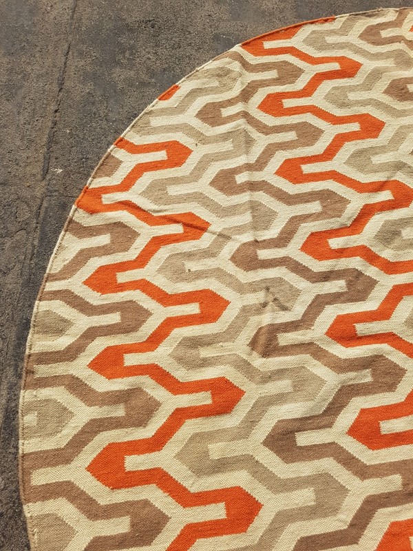 Vintage Handmade Geometric Wool Kilim Round Flat-weave Rug 217x207 cm gallery