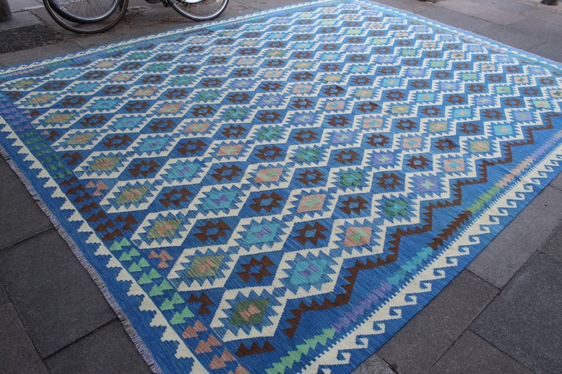 Kilim Vintage Traditional Hand Made Oriental Blue Wool Large Kilim 400x310cm gallery