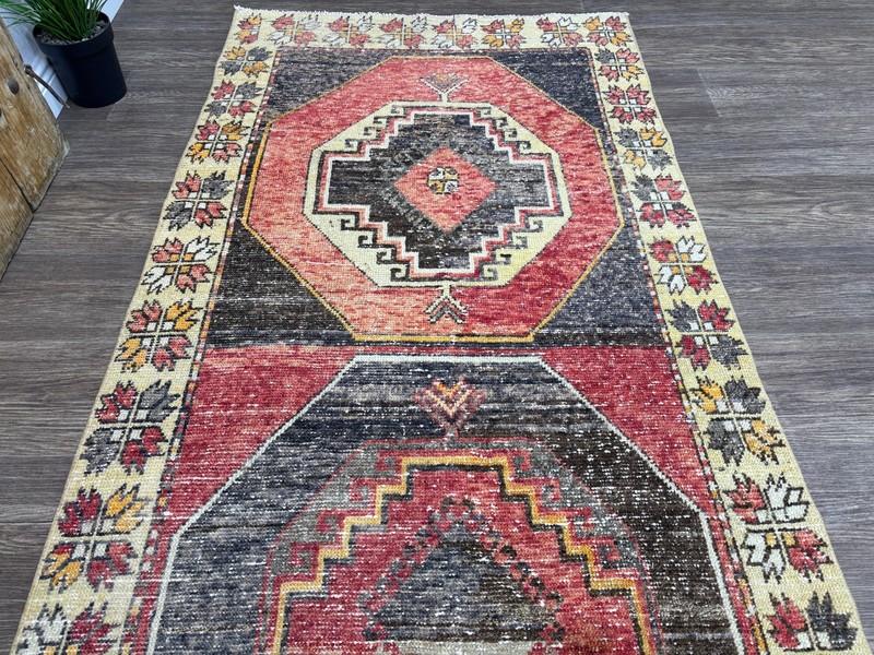 3x9 Hand-Knotted Turkish Runner Rug, Vintage Oushak Runner, Red Black Runner gallery