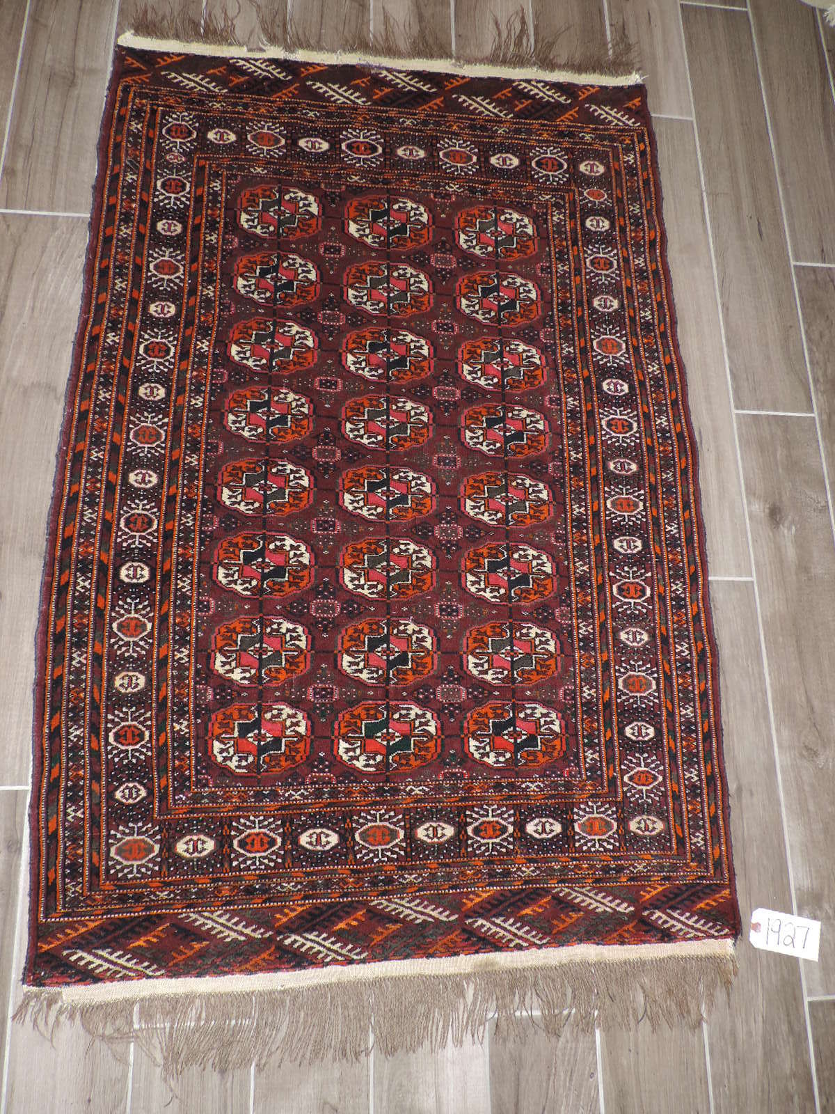 3x6ft. Antique Handmade Tekke Bokharra Wool Rug gallery