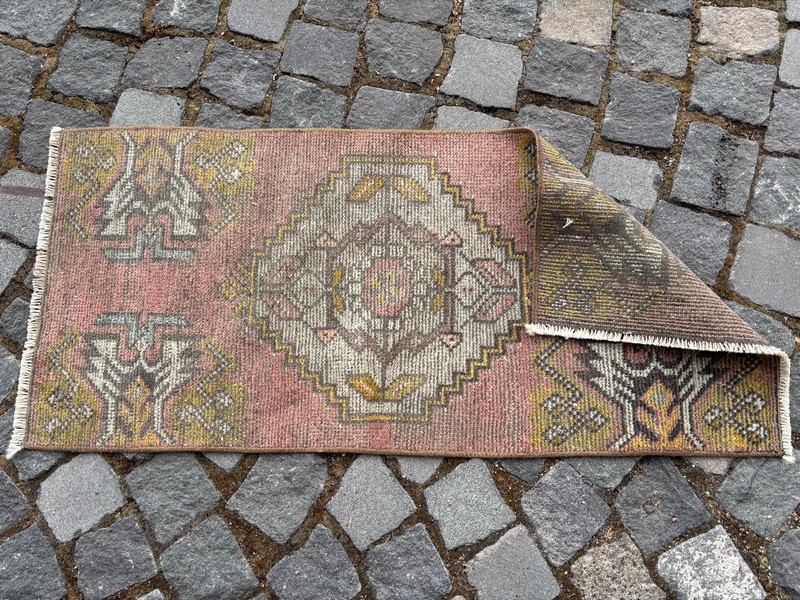 Small Handknotted Turkish Wool Rug: Vintage Bohemian Accent Mat 1,4 x 3,1 ft gallery
