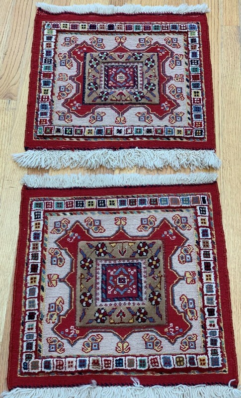 Two Handmade Wool Cushion Rugs with Sumack & Kilim & Knotted Weave 20"x20" inch gallery