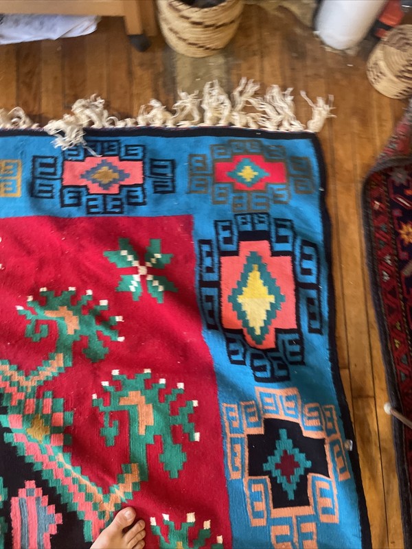 Vintage handwoven flat weave wool Tunisian art tapestry Kilim 14’x6’6” colorful gallery