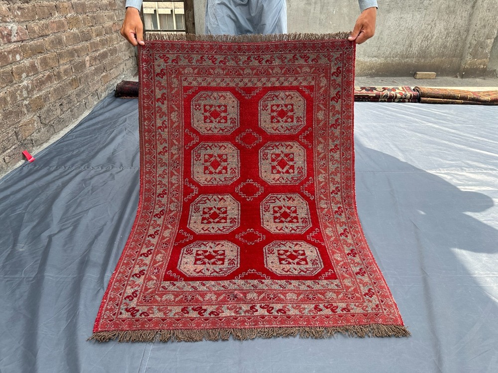 Vintage Turkmen Ersari Rug, Soft Pile, 2'8 x 3'10 ft Bathroom, Red Wool Area Rug