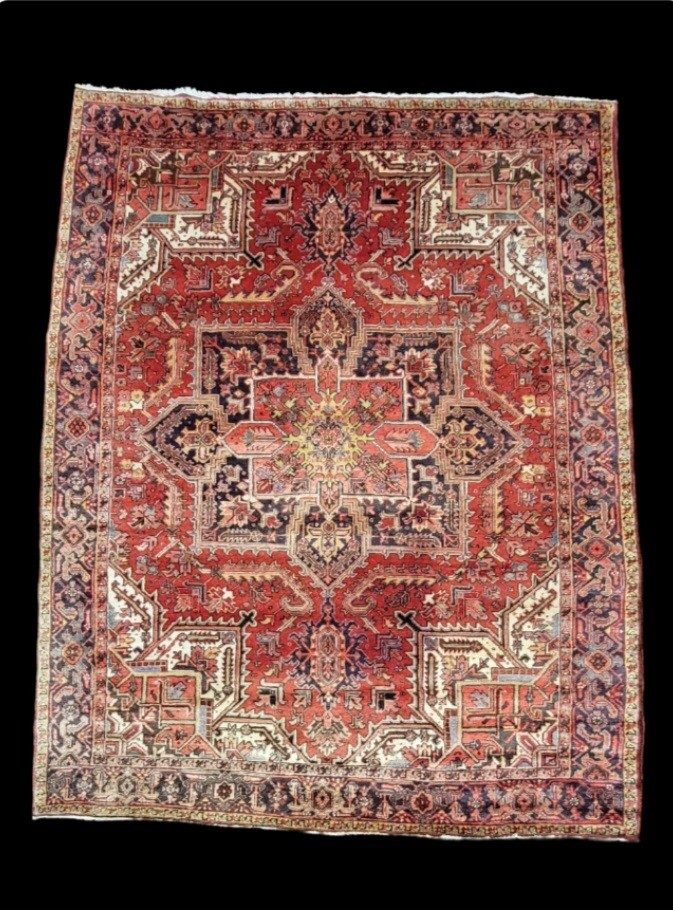 8z12ft ANTIQUE HAND KNOTTED VEGETABLE DYE HERIZE RUG CIRCA 1950S RED GEOMETRIC