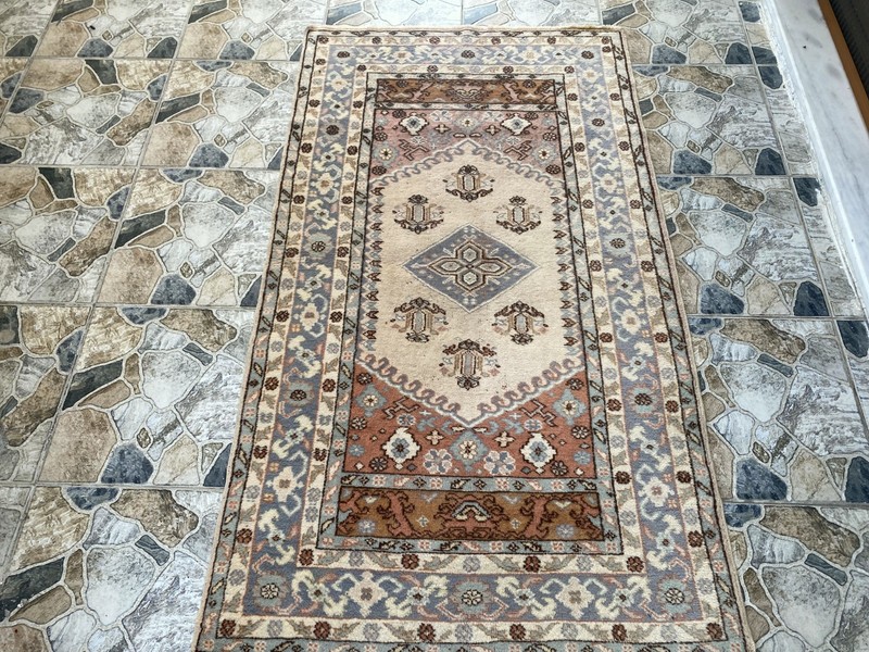 1970s Vintage Oushak Area Rug 3.4x6 ft Turkish Ivory Hand-Knotted Wool Boho Deco gallery