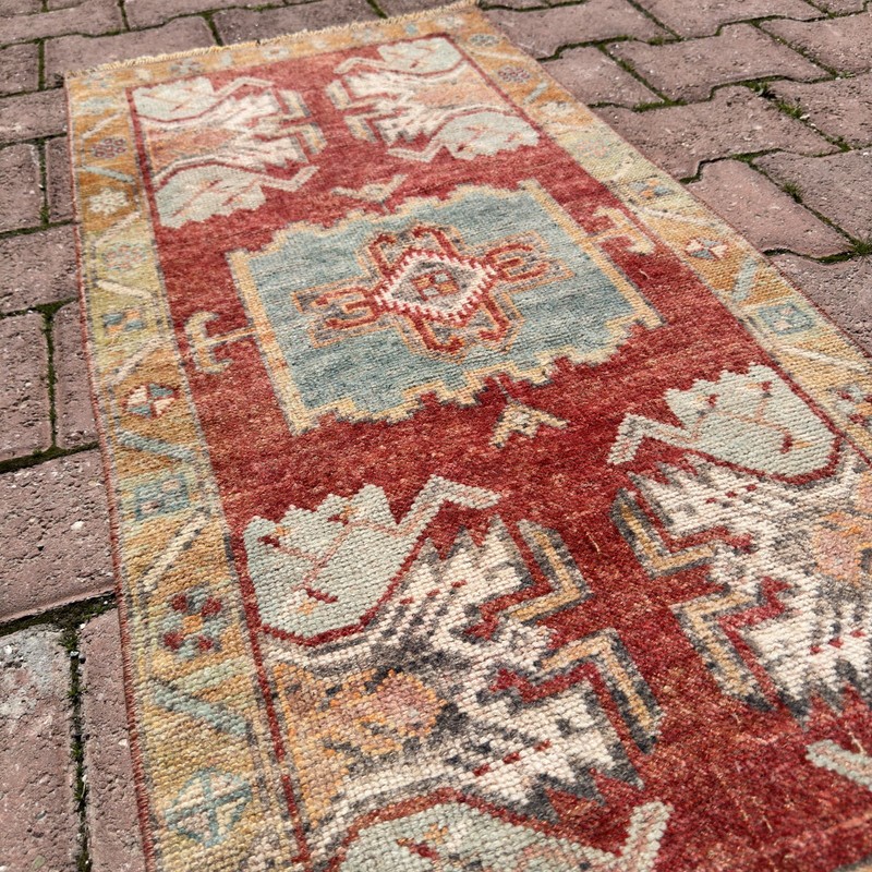 2x3 ft Terracotta Sage Wool Vintage Turkish Oushak Geometric Rug - Tariff Free gallery