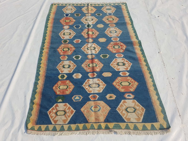 Vintage Handmade Turkish Geometric Wool Kilim Rug Carpet 194x121 cm gallery