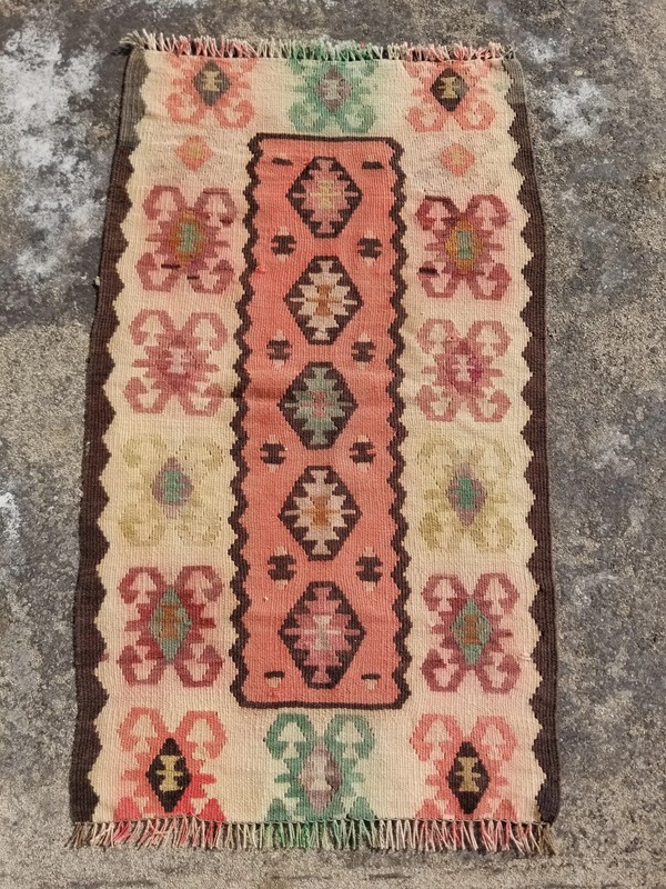 Distressed Vintage Traditional Handmade Turkish Wool Multicolor Kilim 3.4x2.0ft gallery