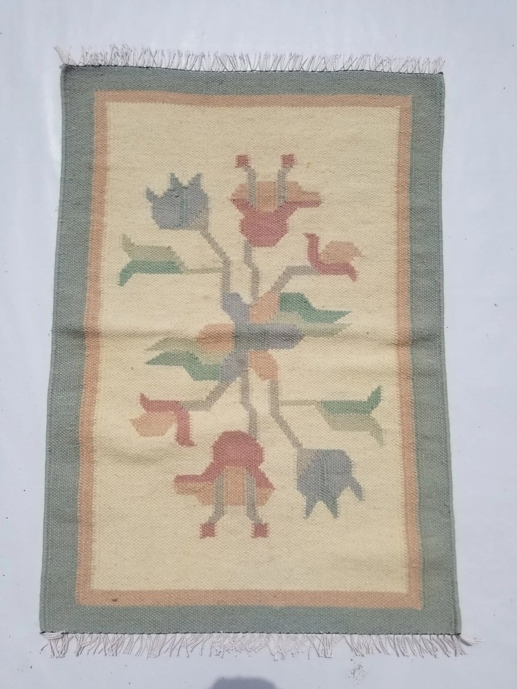 Vintage Handmade Traditional Geometric Beige Cyan Kilim Rug Carpet 2.6x1.8ft