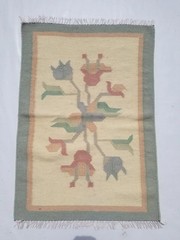 Vintage Handmade Traditional Geometric Beige Cyan Kilim Rug Carpet 2.6×1.8ft