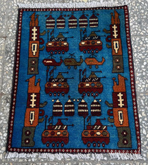 2×2.5 Afghan Hand Knotted War Rug Tanks Blue Wool Carpet New