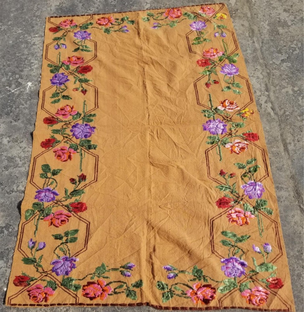 Vintage Handmade Romanian Floral Embroidered Wool Multicolor Kilim 183x119cm