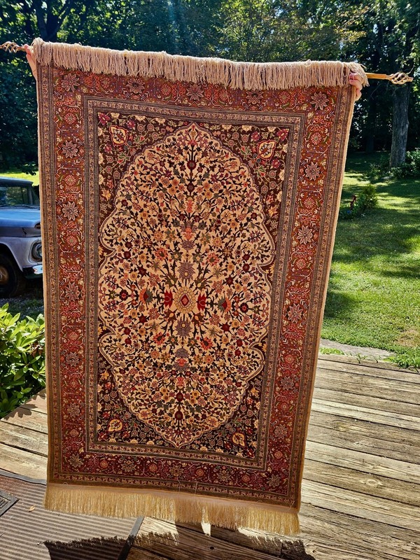 Hand-Knotted Floral 100% Silk Vegetable Dye Vintage Hereke Turkish Rug 3.5’ x 6’ gallery