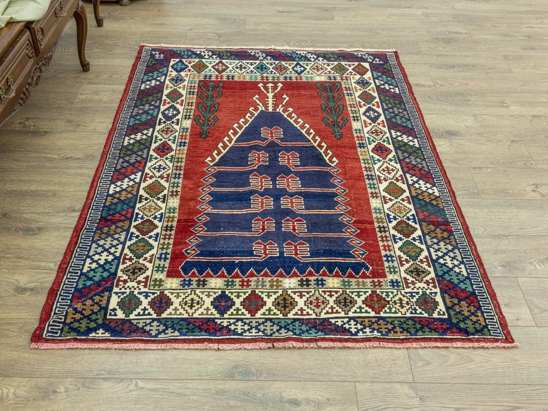 Vintage Turkish Anatolian Hand-Knotted Wool Prayer Rug Red Navy 4'3" x 5'11" ft gallery