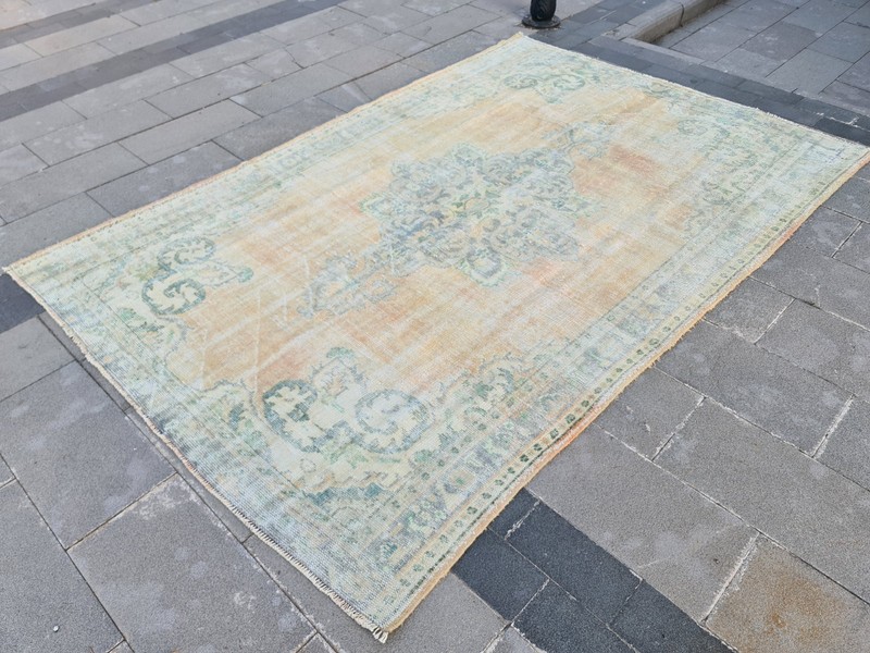 Vintage Faded Turkish Oushak Rug 6.3x9.7 ft | Neutral Distressed Handmade Wool gallery