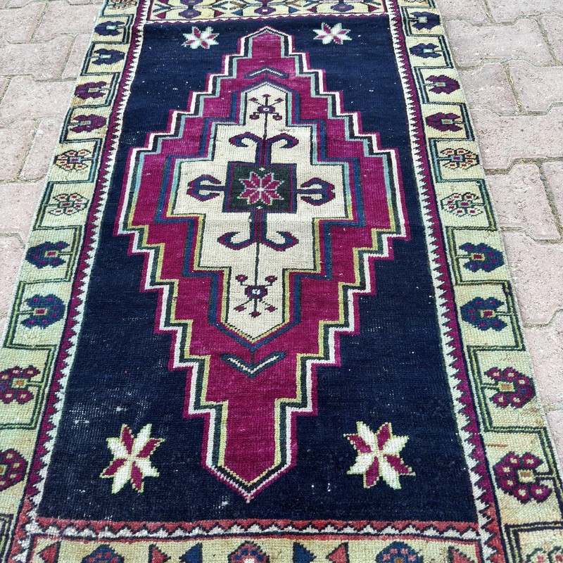 Burgundy Navy Wool Rug 3x5 Vintage Turkish Geometric Cream Green Rug-Tariff Free gallery