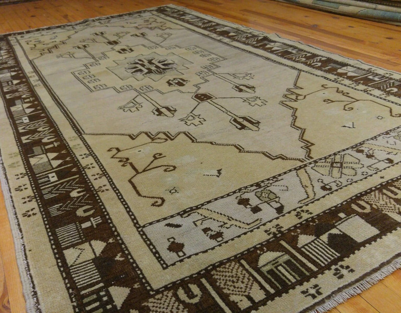 Rare Antique Ca1900-1939s Ivory-Gold Colors Wool Pile Rug 4’7”x 8’7” gallery
