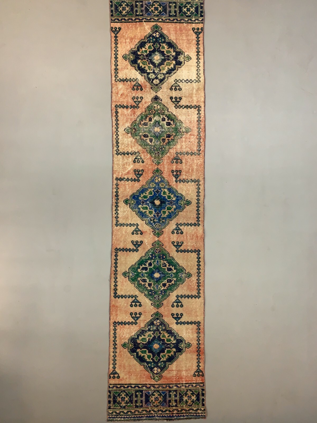 Distressed Turkish Runner 360x79 cm wool Vintage Tribal Rug Pink Green gallery
