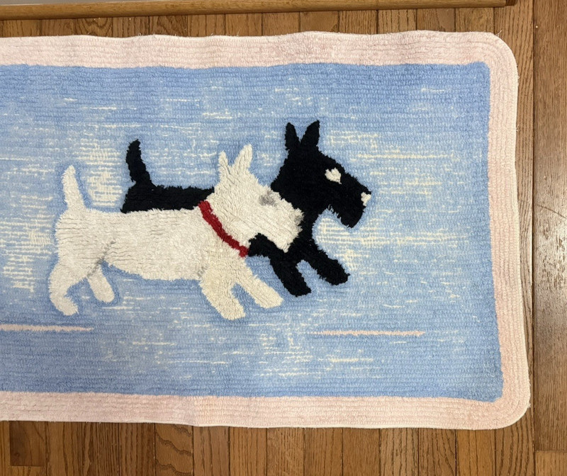 Vintage 1950's Chenille Children's Rug W/ Black and White Terrier Dogs gallery