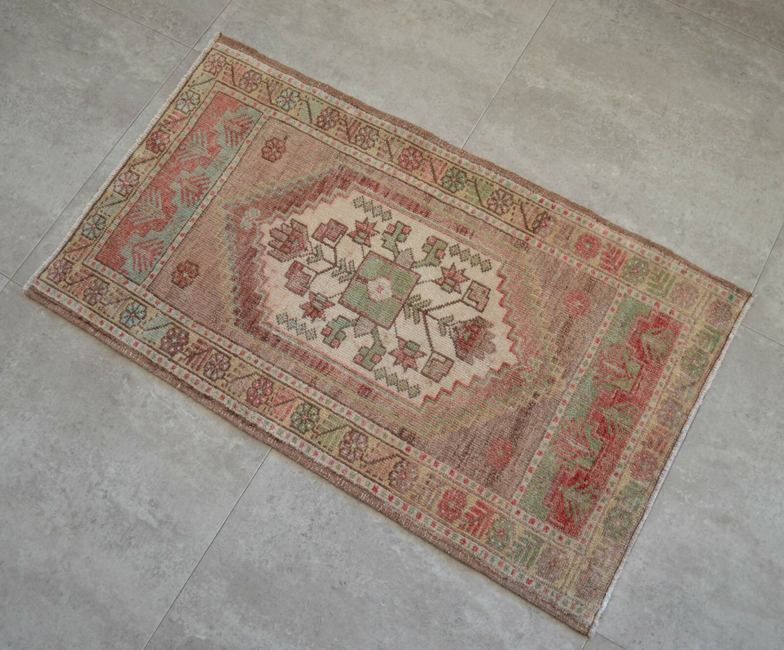 Vintage Distressed Small Area Rug Hand Knotted Oushak Rugs Yastik -1'10"x3'1" gallery