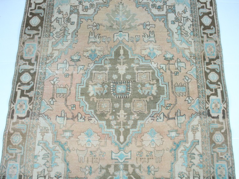 Vintage Hand Knotted Area Rug Blue Teal Brown Geometric Tribal 4x6 ft gallery