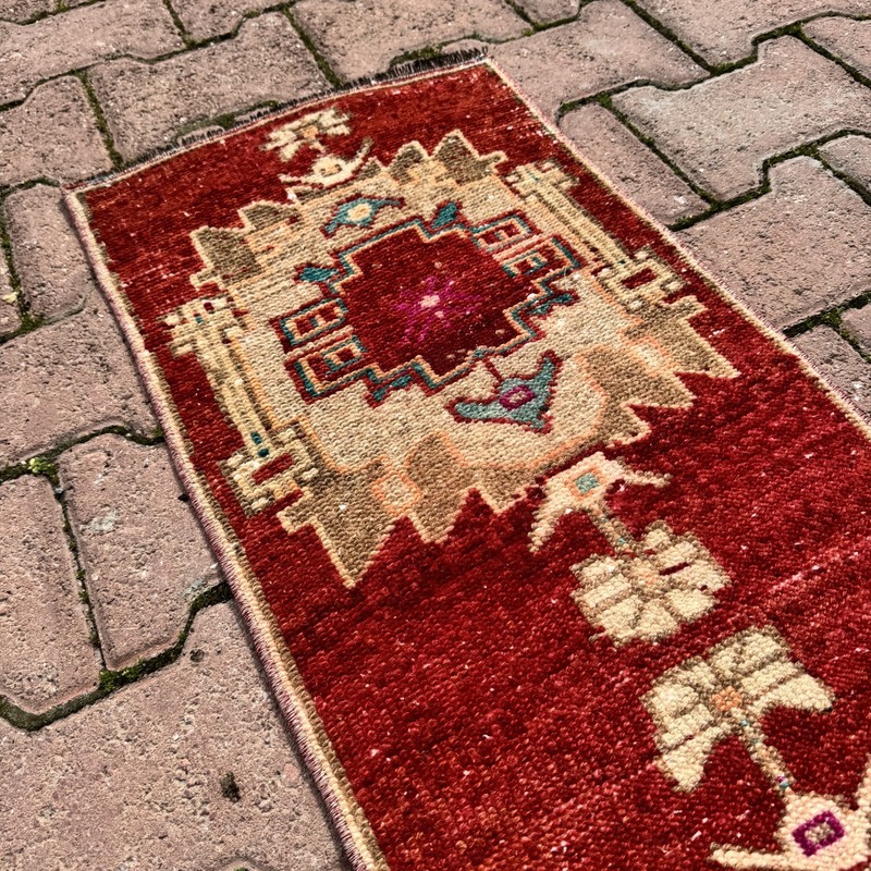 Rust Red 1x4 Distressed Turkish Wool Runner Rug With Teal Accents - Tariff Free gallery