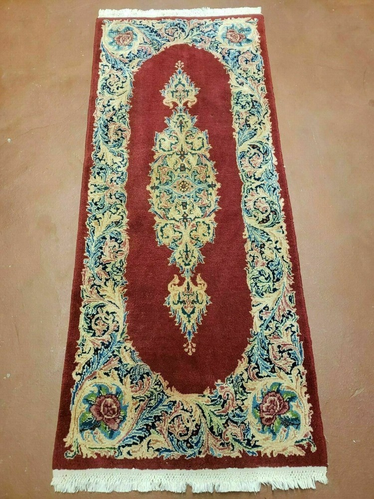 Kirman Rug 2x4 Wool Vintage Oriental Carpet Hand Knotted Red Semi Open Field