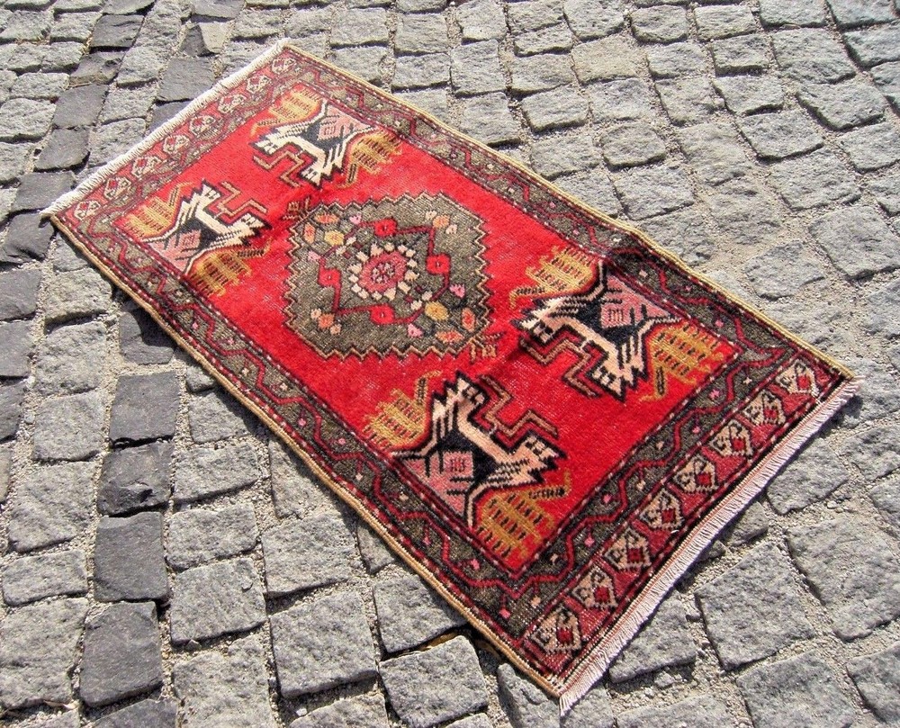 Vintage Turkish Rug Anatolian Small OUSHAK Yastik Rug 21'' X 40'' Wool Pile Rug