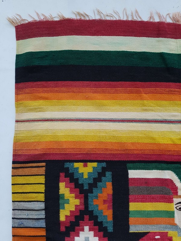 Vintage Handmade Mexican Aztec Pictorial Wool Kilim Rug Carpet 186x136 cm gallery
