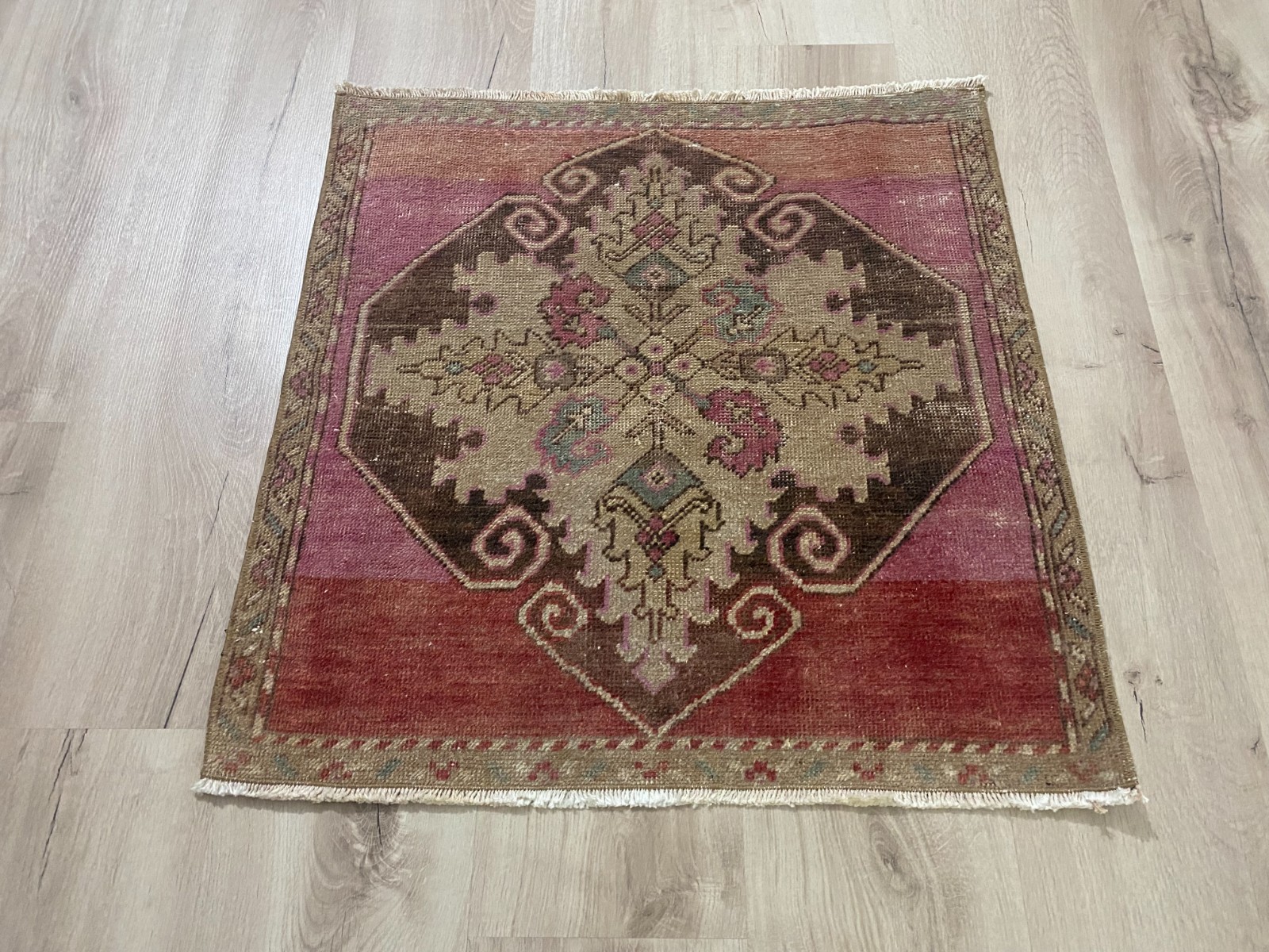 Vintage Turkish Area Rug 2.2x2.2 Ft Hand Knotted Wool Boho Accent Carpet gallery