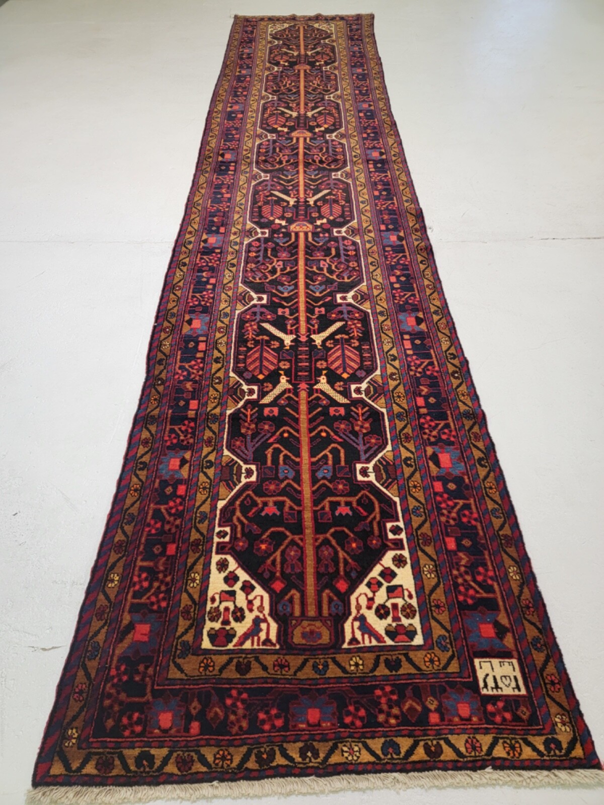 Antique Oriental Hand-Knotted Wool Runner Navy Blue/Red/Ivory/Blue 3'6" x 17'3" gallery