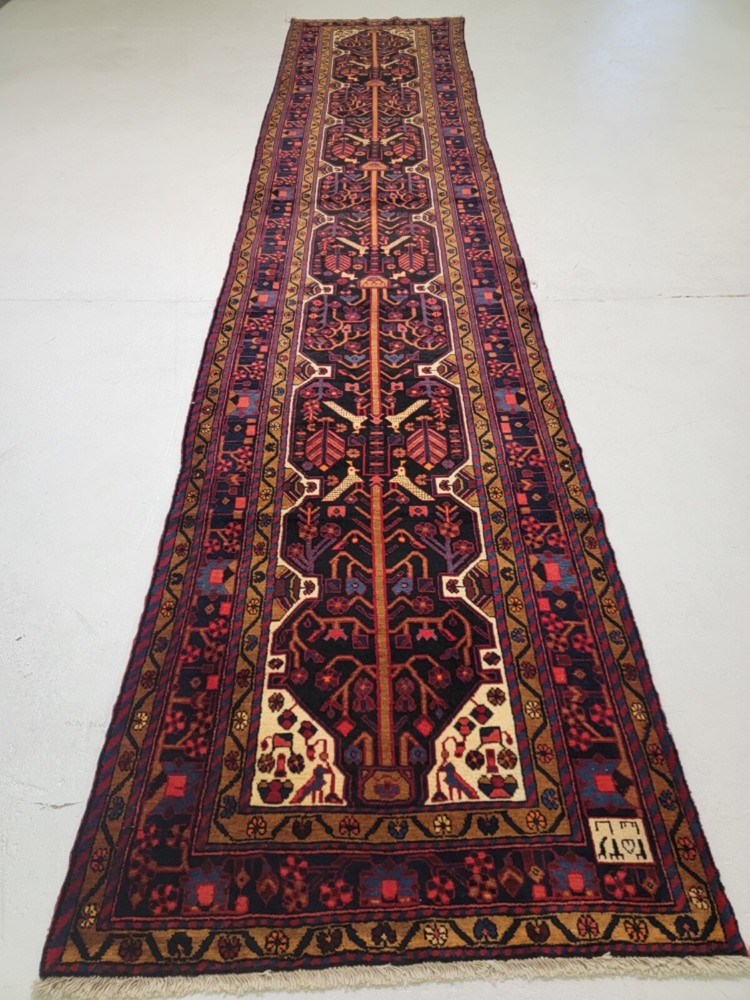 Antique Oriental Hand-Knotted Wool Runner Navy Blue/Red/Ivory/Blue 3'6" x 17'3"