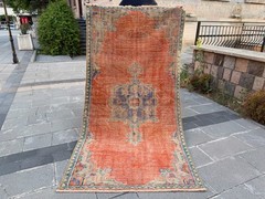 Vintage Oushak Rug 4×7.9 Antique Coral Wool Carpet Handmade Turkish Medallion