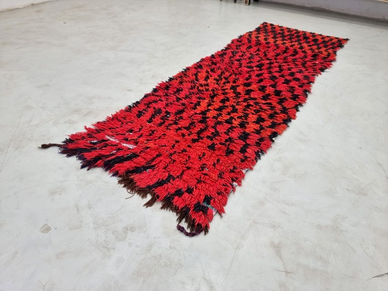 Moroccan Handmade Vintage Rug 2'7x7'7 Berber Checkered Red & Black Wool Carpet gallery