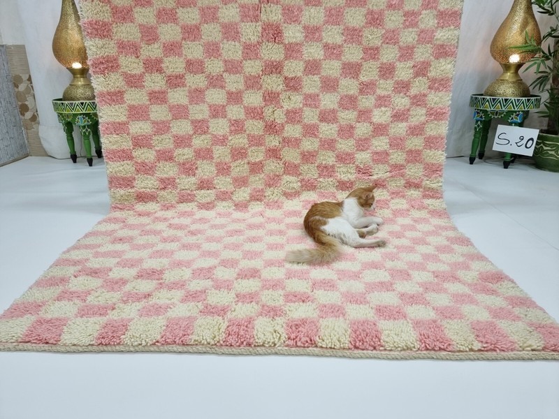 Moroccan Handmade Beni Ourain Rug 5'x6'5'' Berber Checkered Pink Wool Tribal Rug gallery
