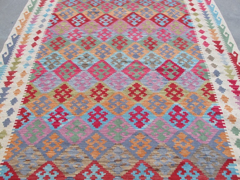 7x9 Afghan Kilim Rug Pink Handwoven Wool Maimana Rug Colorful Boho Area Carpet gallery