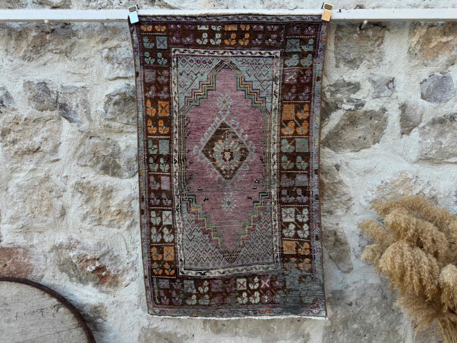 Hand-Woven Turkish Area Rug 2x4 Pale Purple Wool Distressed Carpet Medium Size gallery
