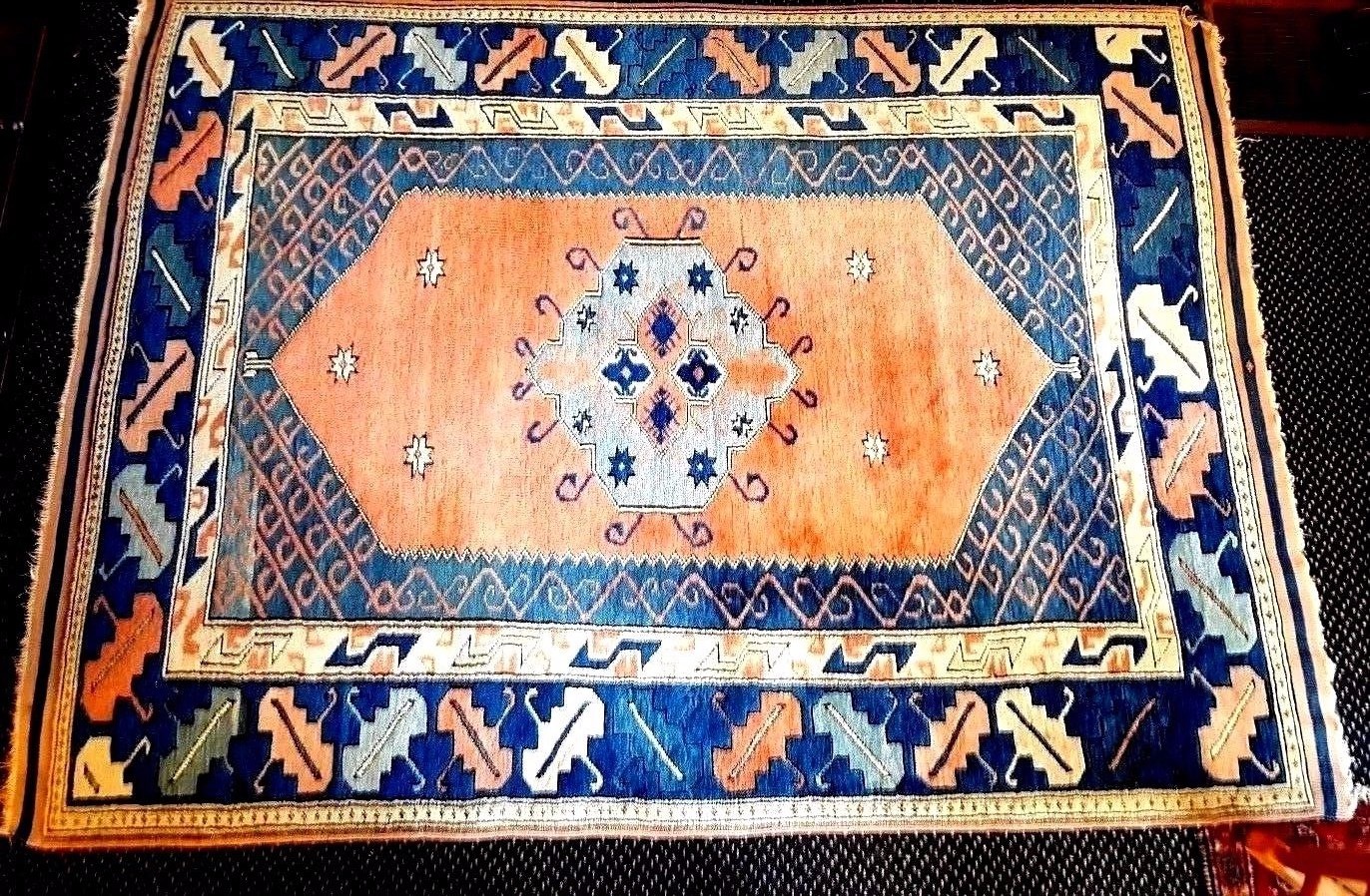 Vintage Turkish Oriental Rug (75 x 66 inches) PEACH and BLUE or 5'5 x 6'3 vgc gallery