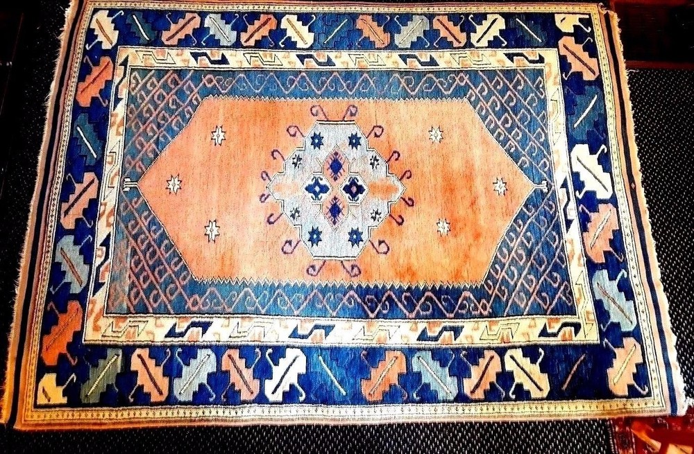 Vintage Turkish Oriental Rug (75 x 66 inches) PEACH and BLUE or 5'5 x 6'3 vgc