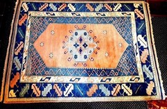 Vintage Turkish Oriental Rug (75 x 66 inches) PEACH and BLUE or 5’5 x 6’3 vgc