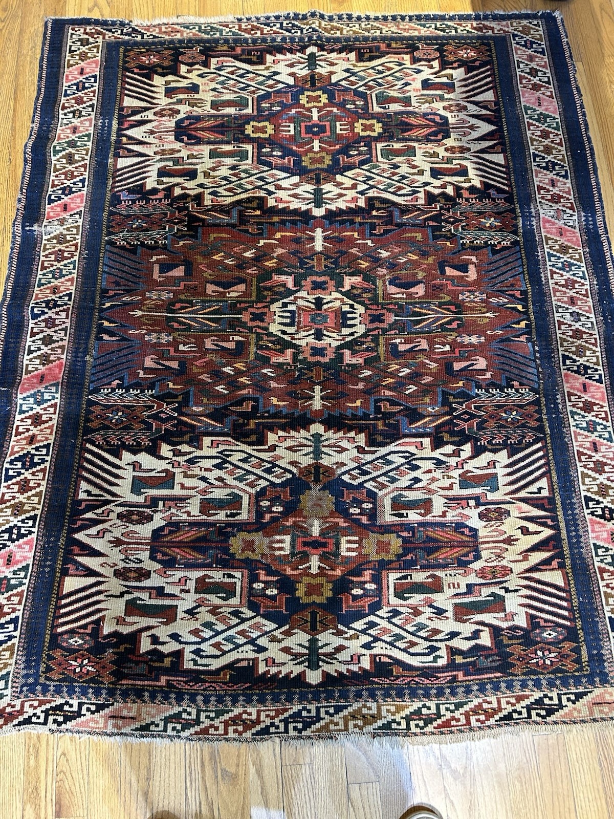 SUNBURST KAZAK ANTIQUE HANDKNOTTED WOOL RUG C.1900 5’8 X 4’7 ABSOLUTE STUNNER gallery