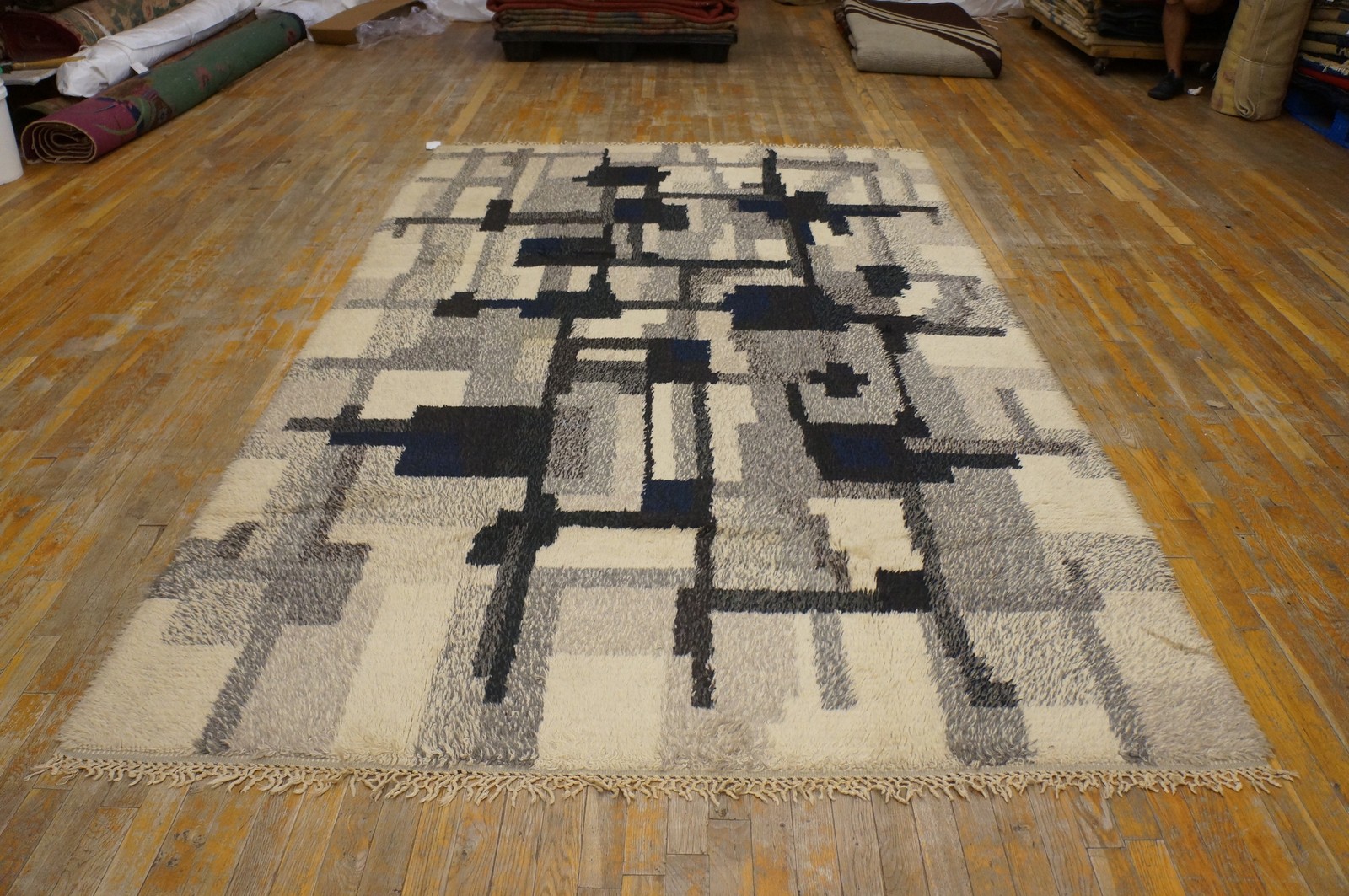 5'x9' Vintage Mid Century Modern Geometric Gray Swedish Shag Pile Rya gallery